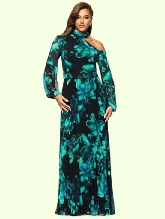 Xscape Dresses & Skirts - Xscape Black Teal Floral Mock-Neck Cutout Pleated Chiffon Maxi Dress